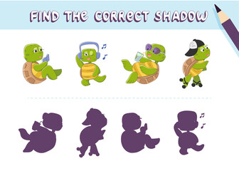 Find the correct shadow. Cute turtle character. Educational game for kids. Collection of children's games. Vector illustration in cartoon style