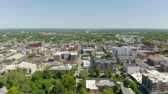 Aerial Establishing Shot Above University Campus in Columbia, Missouri on Summer Day