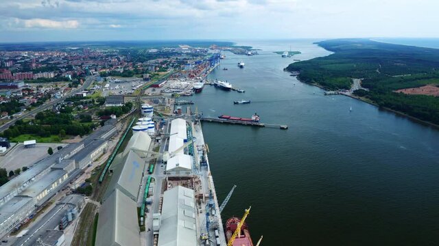Panorama Of The Klaipeda Harbour At The Mouth Of The Akmena-Dane River In Klaipeda, Lithuania. aerial