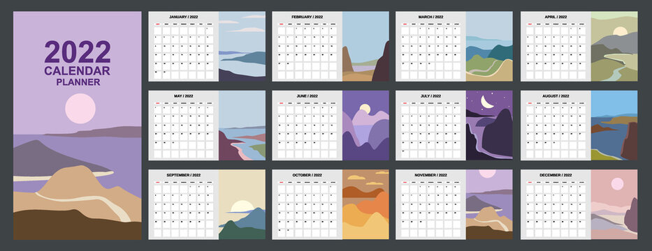 2022 Calendar Planner abstract minimalist contemporary landscape natural backgrounds. Monthly template for diary business. Week Starts Sunday. Vector isolated