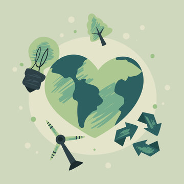Eco earth heart with icon set