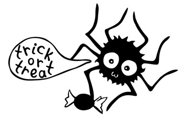 Vector cute spider with candy in cartoon flat style isolated. Treat or trick - lettering in speech bubble. For halloween design, greeting card, template of sticker