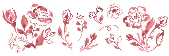 Watercolor illustration with floral elements in classic style. Collection of hand-drawn  elements for you design.