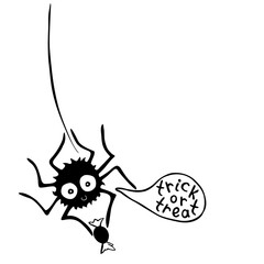 Vector cute spider with candy in cartoon flat style isolated. Trick or treat - lettering in speech bubble. For halloween design, greeting card, template 
