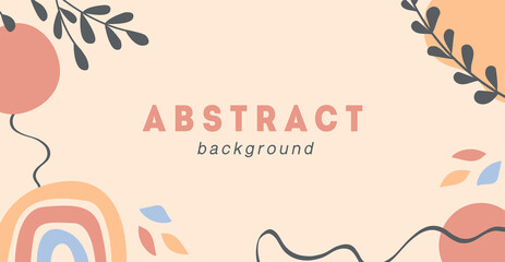 Boho abstract horizontal banner template. Trendy minimal background with plants, rainbow, geometric shapes and brush lines. Vector frame with copy space for text in flat style.