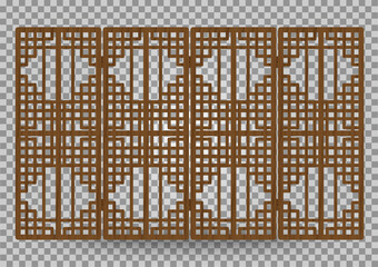 Traditional korea ornament wooden decorative frame pattern. Room divider antique decoration. Antique art vector illustration. Natural color wood surface timber. Interior design.