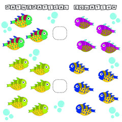 Which is greater, less or equal game with funny fishes. Worksheet for preschool kids, kids activity sheet, printable worksheet