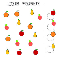 Developing activities for children, count as many  colorful fruites orange, apple, peach, pear. Logic game for children.