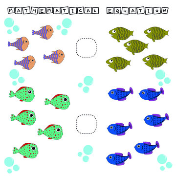 Which is greater, less or equal game with funny fishes. Worksheet for preschool kids, kids activity sheet, printable worksheet