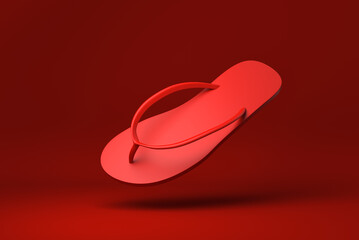 Red Flip flops floating in red background. minimal concept idea creative. 3D render.