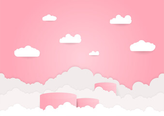 three podiums with a variety of clouds for photos of sales products such as makeup tools in pastel pink
