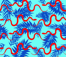 Abstract Hand Drawing Tropical Leaves and Snakes Seamless Summer Concept Vector Pattern Isolated Background