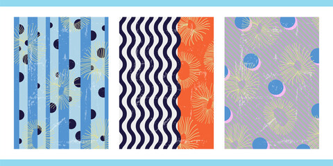 A set of three colorful hand-drawn aesthetic backgrounds. Minimalistic posters for social networks, web design. Vintage illustrations with patterns, lines, stripes, geometric shapes, dots, waves.