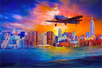 Poster airplane flying over city © reznik_val