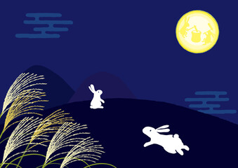 十五夜　月を見るうさぎ　背景イラスト