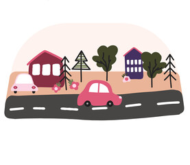 Obraz na płótnie Canvas Children's composition with hand-drawn cars and houses, trees in the Scandinavian style, cartoon and bright print on the car theme, stylish and simple illustration, vector print for printing