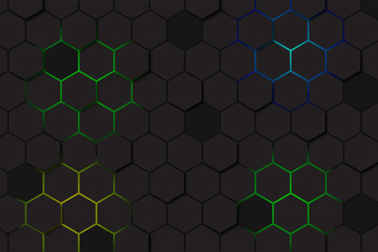 Abstract black hexagon pattern on green neon background technology style. Honeycomb. Dark hexagon wallpaper or background.