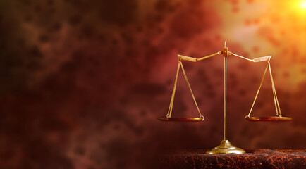 Yellow Brass Balance Scale over Red Dark Blur Background. Justice is for Fairness. If unclear Future like this, it means injustice, unbalance and unfairness in Society. Copy space Concept - obrazy, fototapety, plakaty
