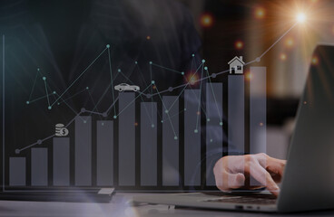 Business Woman search internet data in computer Notebook. Housewife review bank savings account,...