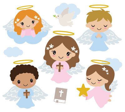 Cute little boy and girl baptism angels on the cloud praying and holding a cross and a star vector illustration.