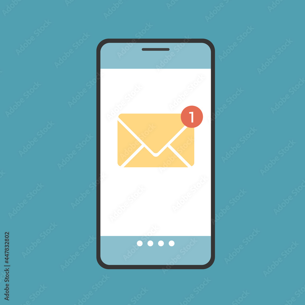 Poster flat design illustration of smartphone display with notification of incoming sms message or email. y