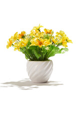 Subject shot of yellow chrysanthemums in little white ceramic pot. Fine faux flowers for interior design are isolated on the white background. 