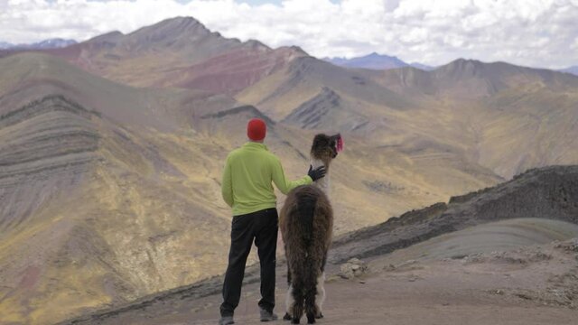 male model with a llama in the rainbow and seven colors mountain looking at the andes in cusco, peru