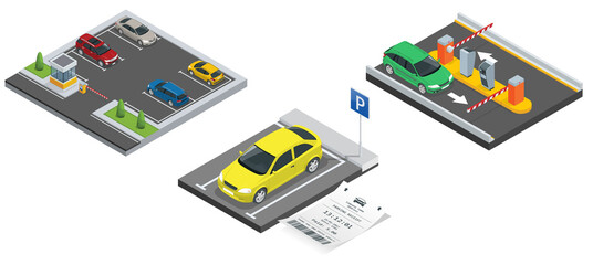Isometric City parking lot with a set of different cars. Public car-park. Car in the parking lot and Parking tickets. © Golden Sikorka