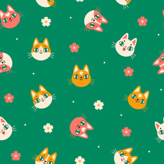 Seamless vector pattern with cats faces and sakura flowers. Cute pattern with cats faces icons isolated on green. Kids pattern for clothes, wrapping, wallpapers, etc.
