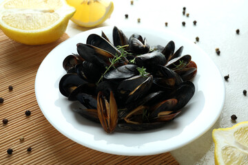Concept of delicious food with mussels, close up