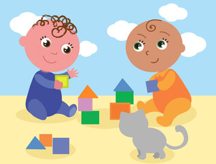 One child is missing a leg, the other is missing arms but they are happily playing together, vector cartoon illustration