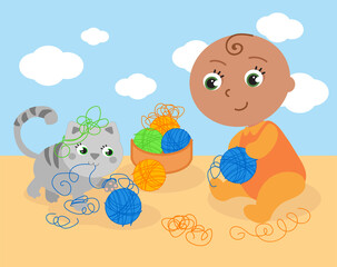 Disabled cute child without arms playing with cat and ball of wood, vector illustration