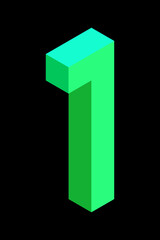 Light green number 1 in isometric style. Isolated on black background. Learning numbers, serial number, price, place.