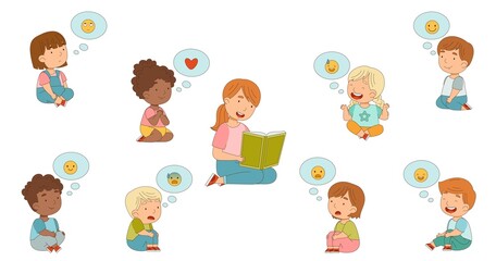 Woman Sitting and Reading Children Fairytale with Kids Expressing Different Emotion Vector Illustration