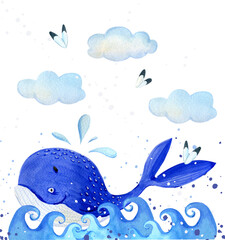 Blue whale and seagulls in the waves