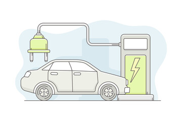 Energy Source with Electric Car Charging with Plug Line Vector Illustration