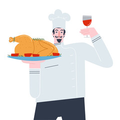 Chef with a juicy turkey on a platter and a glass of red wine. Flat vector illustration.