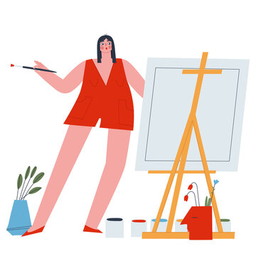 Woman - Artist with a brush standing in front of a malbert with a painting. Flat vector illustration.