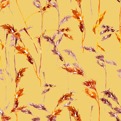 Dry grass orange and beige watercolor on yellow background seamless pattern for all prints.