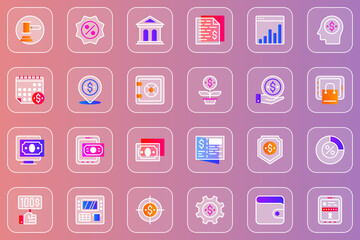 Online banking web glassmorphic icons set. Pack outline pictograms of auction, financial statistics, savings protection, investment, money exchange, accounting and other. Vector line glass symbols