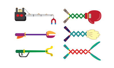 red boxing glove on an extendable scissor arm and Hand Glove On Extending Arm Gag Icon. colorful tool claw funny toy.Magnetic lifting vector. Icon robotic Arm illustration.