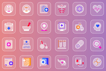 Medical service web glassmorphic icons set. Pack outline pictograms of nurse and doctor, prescription, pharmacy, hospital, ambulance, laboratory, medical symbols and other. Vector line glass symbols