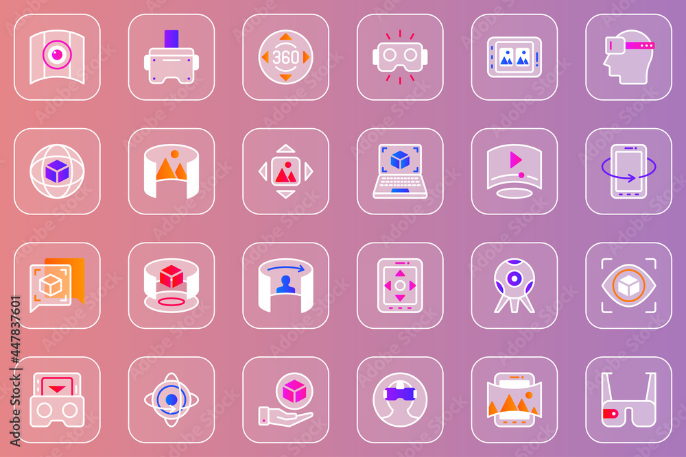 Poster Virtual reality web glassmorphic icons set. Pack outline pictograms of 3d virtual simulation headset, 360 panoramic view, cyberspace, gaming, innovation technology and other. Vector line glass symbols