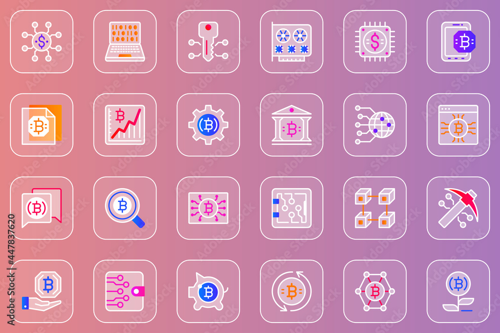 Poster bitcoin mining web glassmorphic icons set. pack outline pictograms of blockchain technology, digital