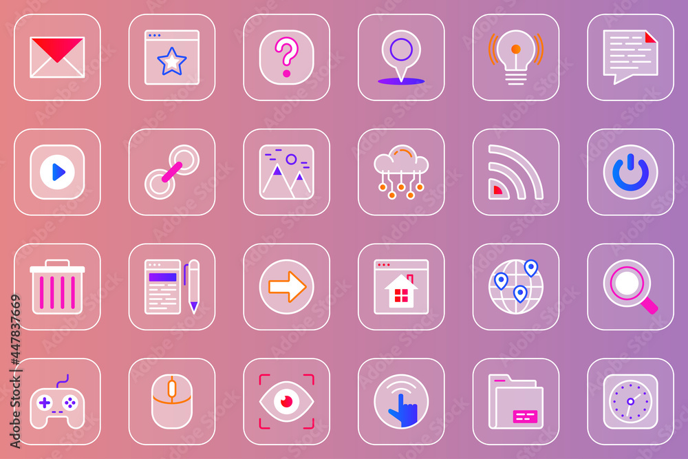 Aufkleber Website UI web glassmorphic icons set. Pack outline pictograms of email, question mark, location, video, image, wifi, homepage, global search, interface navigation and other. Vector line glass symbols