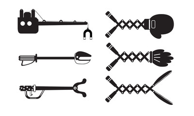 Boxing glove on an extendable scissor arm and Hand Glove On Extending Arm Gag Icon.Tool claw funny toy.Magnetic lifting vector. Icon robotic Arm illustration.