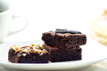 brownies in white plate close up Focus. Selective focus.