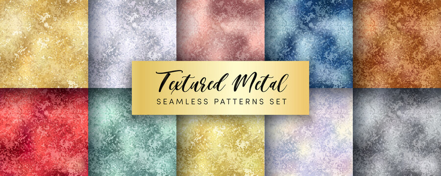 Vector Golden Foil Seamless Pattern Set. Shiny distressed rose gold, silver, bronze, red, green, blue patina grunge repeat texture. Abstract luxury metal surface digital paper, background, wallpaper