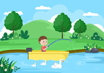 Obraz na płótnie Canvas Children Fishing Fish By The River While Enjoying Quality Time At Summer Day With Hill Or Mountain View. Vector Illustration