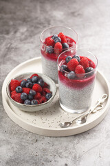 Two glasses with chia seeds pudding, raspberry jam and fresh raspberries and blueberries on a concrete tray on grey surface